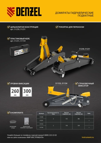 Домкрат гидравлический подкатной с фиксатором, 2 т, 130-330 мм Denzel по ценам производителя в Уфе с доставкой по всей России