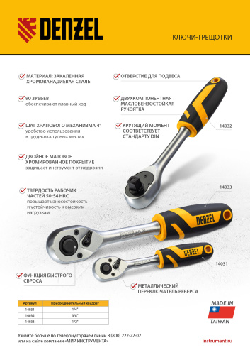 Ключ-трещотка 1/4", 90 зубьев, с быстрым сбросом, CrV Denzel по ценам производителя в Уфе с доставкой по всей России