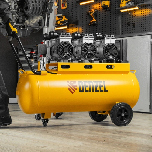 Компрессор безмасляный, малошумный DLS 3300/100, 3300 Вт,3x1100, 100 л, 570 л/мин ,блок управления Denzel по ценам производителя в Уфе с доставкой по всей России