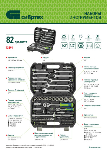 Набор инструментов, 1/2", 1/4", пластиковый кейс, 82 предмета Сибртех по ценам производителя в Уфе с доставкой по всей России
