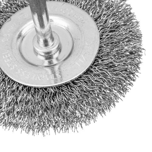 Набор щеток для дрели, 2 Плоские 50-75мм, 3 Чашки 25-50-75мм, шпилька,  нерж.вит. проволока Denzel по ценам производителя в Уфе с доставкой по всей России
