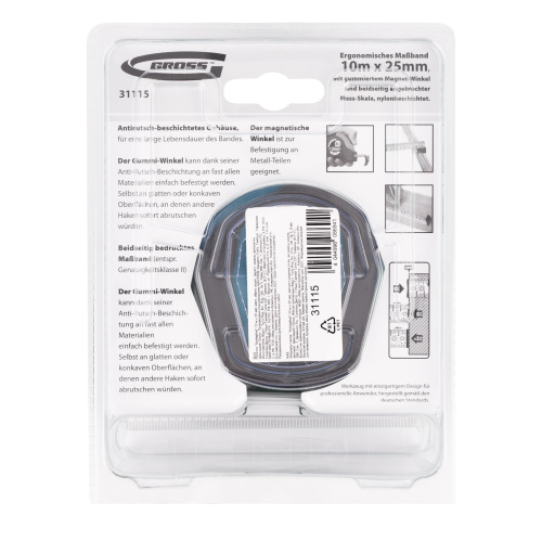 Рулетка "Schlagfest",10 м x 25 мм,магнитный обрезиненный зацеп,двусторонняя шкала,автоматическая фиксация Gross по ценам производителя в Уфе с доставкой по всей России