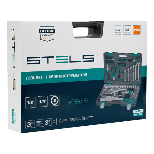 Набор инструментов, 1/2", 1/4", CrV, пластиковый кейс 98 предметов Stels по ценам производителя в Уфе с доставкой по всей России