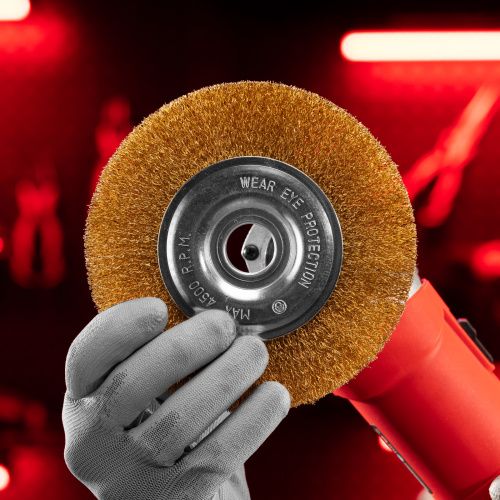 Щетка для УШМ, 150 мм, посадка 22.2 мм, плоская, латунированная витая проволока Matrix по ценам производителя в Уфе с доставкой по всей России