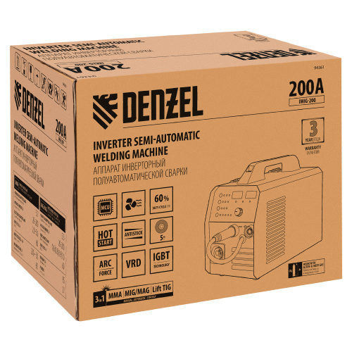 Аппарат инвертор. полуавтомат. cварки IMIG-200, 200 А, ПВ 60%, катушка 5 кг Denzel по ценам производителя в Уфе с доставкой по всей России