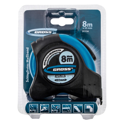 Рулетка "Schlagfest",8 м x 25 мм,магнитный обрезиненный зацеп,двусторонняя шкала,Нейлоновое покрытие,автоматическая фиксация Gross по ценам производителя в Уфе с доставкой по всей России