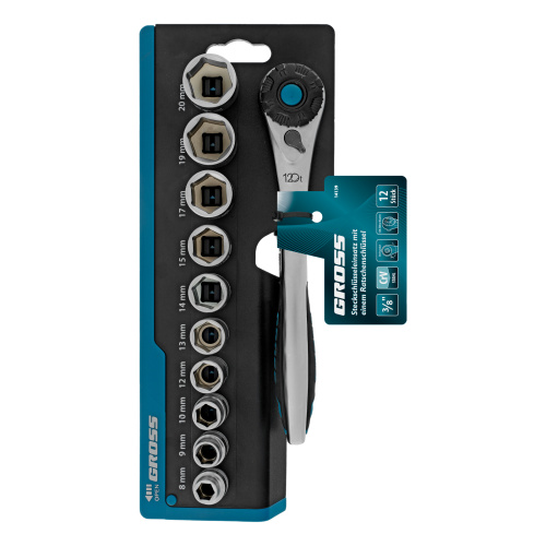 Набор торцевых головок, трещотка 120 зубьев, 3/8", CrV, 12 предметов Gross по ценам производителя в Уфе с доставкой по всей России