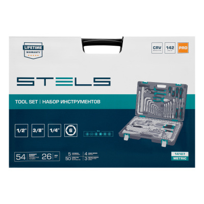 Набор инструментов, 1/2",3/8", 1/4", CrV, пластиковый кейс 142 предмета Stels по ценам производителя в Уфе с доставкой по всей России