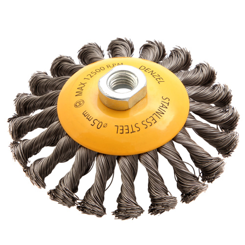 Щетка для УШМ, 125 мм, "Тарелка", крученая нержавеющая проволока 0.5 мм, М14 Denzel по ценам производителя в Уфе с доставкой по всей России