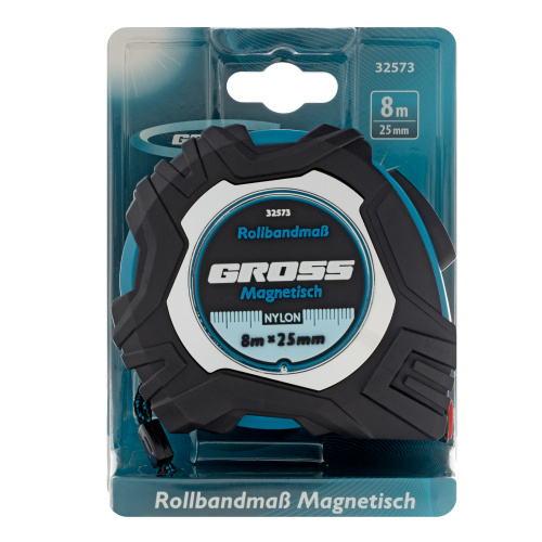 Рулетка Magnetisch 8 м х 25 мм,обрезиненный корпус,автоматическая фиксация,Нейлоновое покрытиеытие,зацеп с магнитом Gross по ценам производителя в Уфе с доставкой по всей России