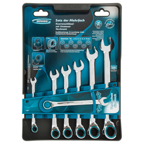 Набор ключей комбинированных с трещоткой, 8-19 мм, 7 шт, реверсивные, CrV Gross по ценам производителя в Уфе с доставкой по всей России
